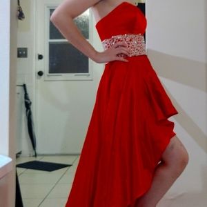 Red silk gown with rhinestones and sequins